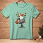 Snowman in a rocket ship with "MISSION CONTROL" text on teal t-shirt.