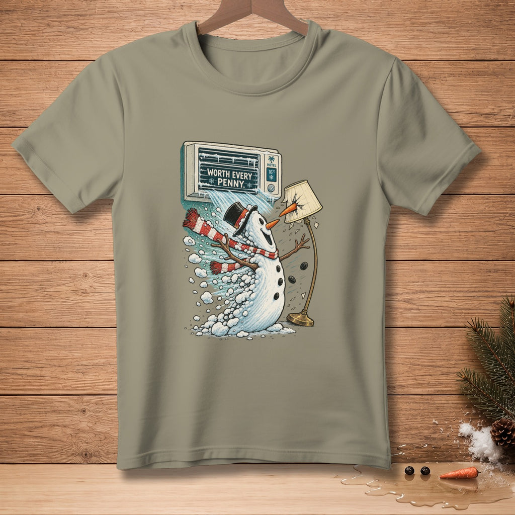 Snowman melting from AC unit blowing cold air, with text "WORTH EVERY PENNY."