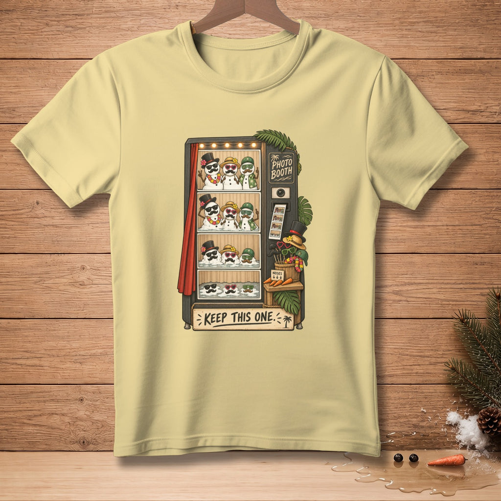 Snowmen in a photo booth on a t-shirt, with props and text.