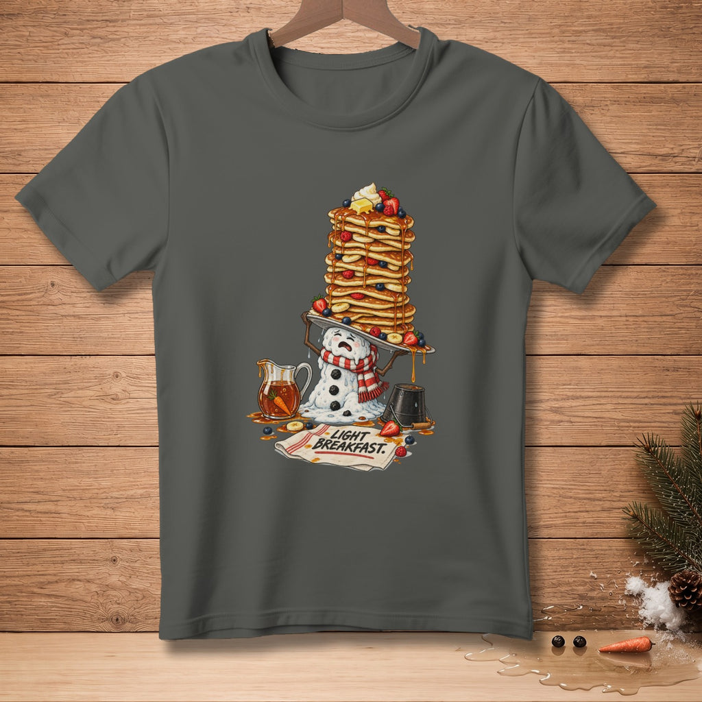 Melting snowman with scarf struggling under stack of pancakes labeled "LIGHT BREAKFAST".
