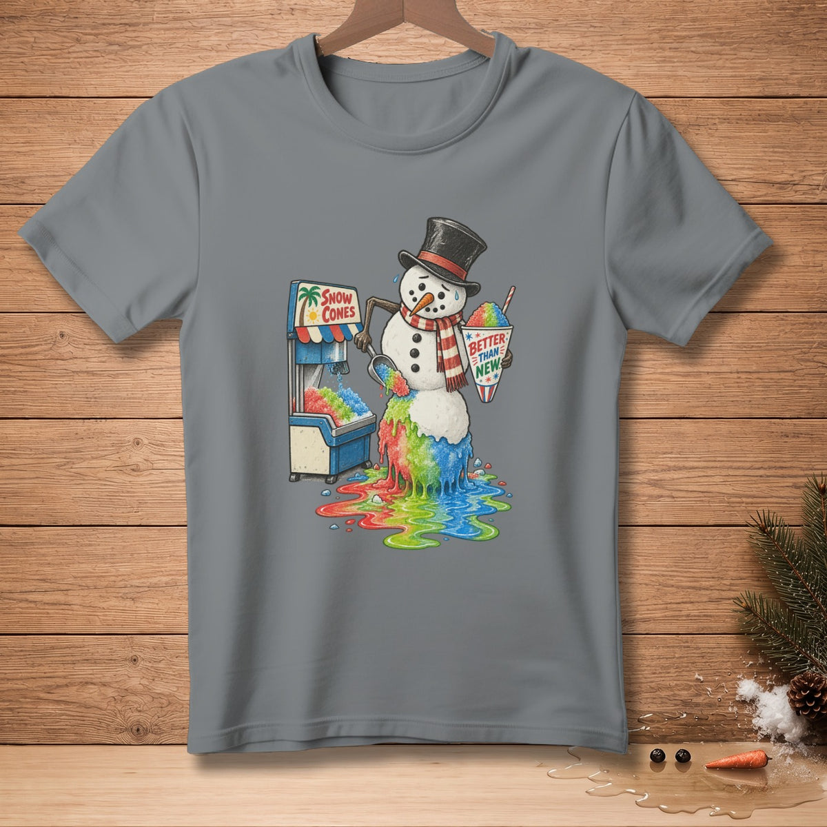 Melting snowman with snow cone machine and "Better Than New" cup.