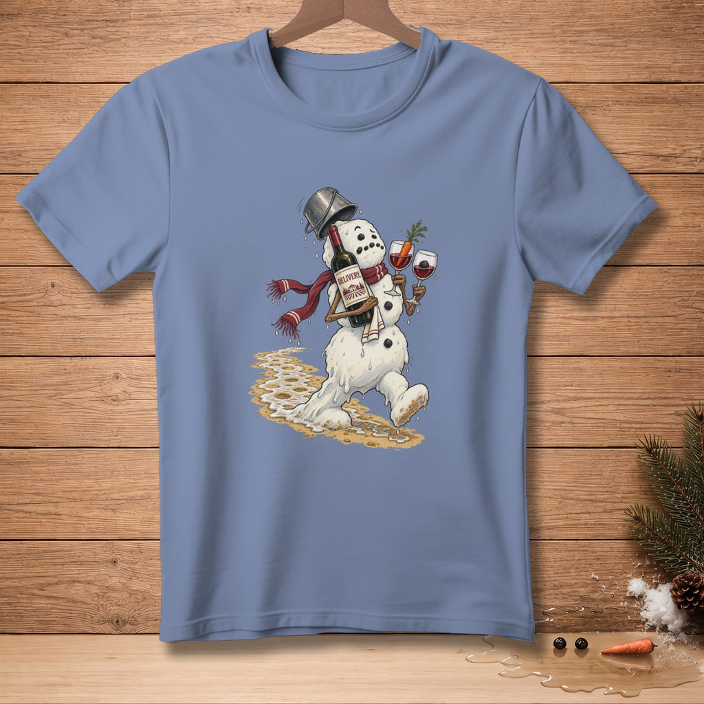 Melting snowman holding wine, glasses and a bucket, on a blue t-shirt.