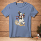 Melting snowman holding wine, glasses and a bucket, on a blue t-shirt.