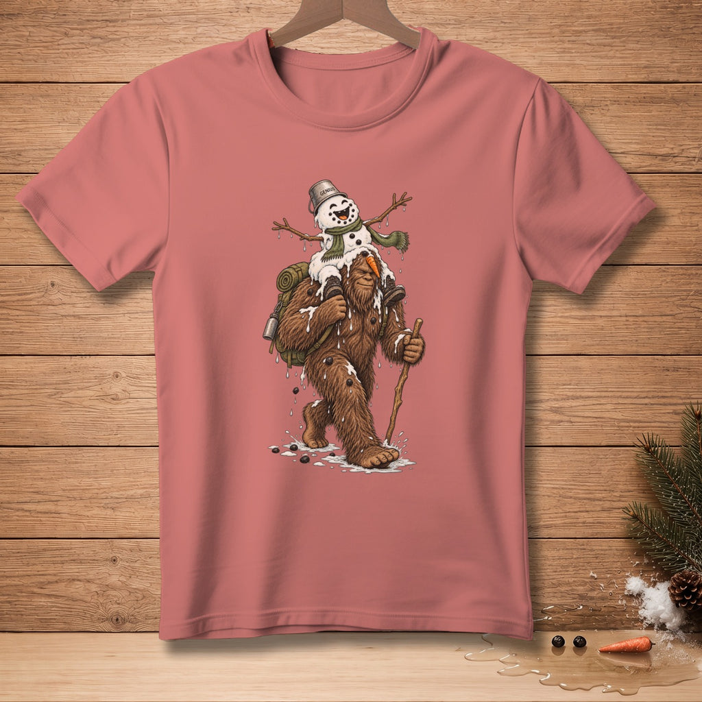 Bigfoot carrying a melting snowman on his shoulders, holding a walking stick.