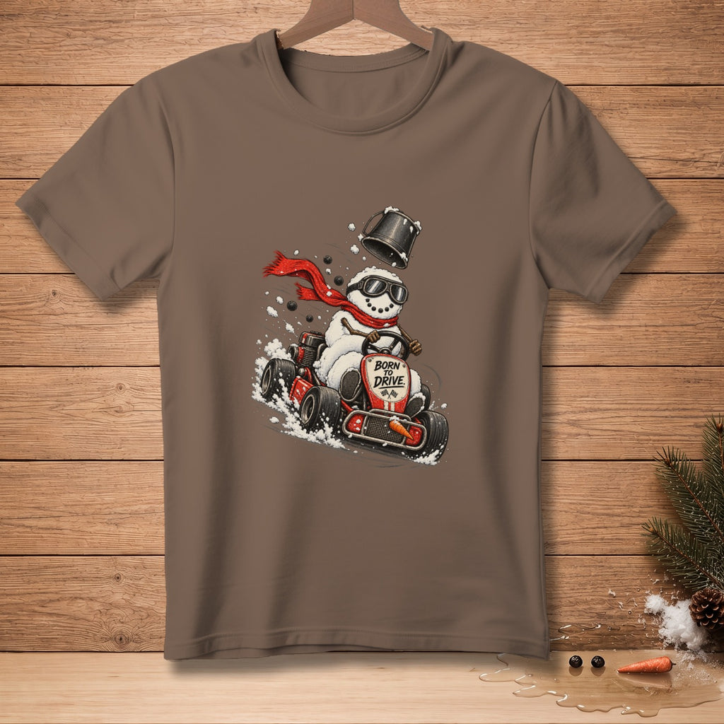 Snowman in go-kart with bucket hat, sunglasses, red scarf, and "Born to Drive" text.