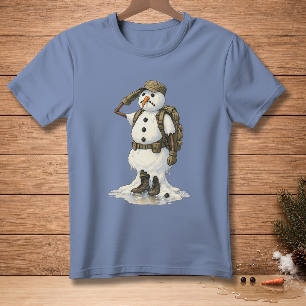 Snowman in military gear saluting, wearing boots and a backpack.