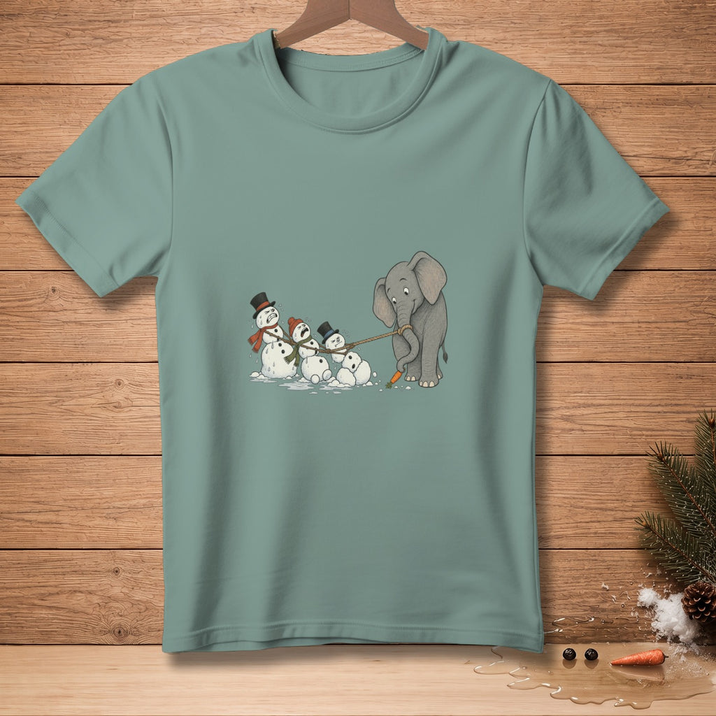An elephant pulls a string tied to a line of melting snowmen wearing hats.