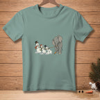An elephant pulls a string tied to a line of melting snowmen wearing hats.