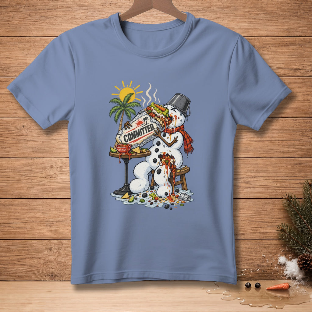 Illustration of a melting snowman eating a large burrito with "COMMITTED" text.