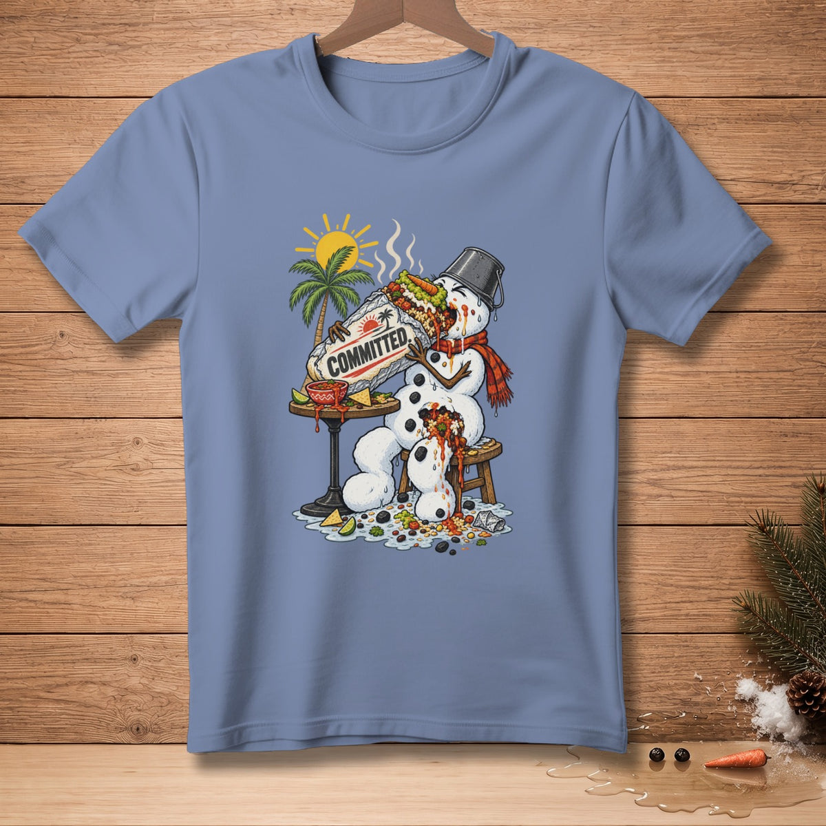 Illustration of a melting snowman eating a large burrito with "COMMITTED" text.