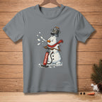 Snowman inflating itself with a red pump labeled "REINFLATING" on a grey t-shirt.