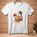 Snowman eating nachos from bowl reading "Safety First," wearing top hat.