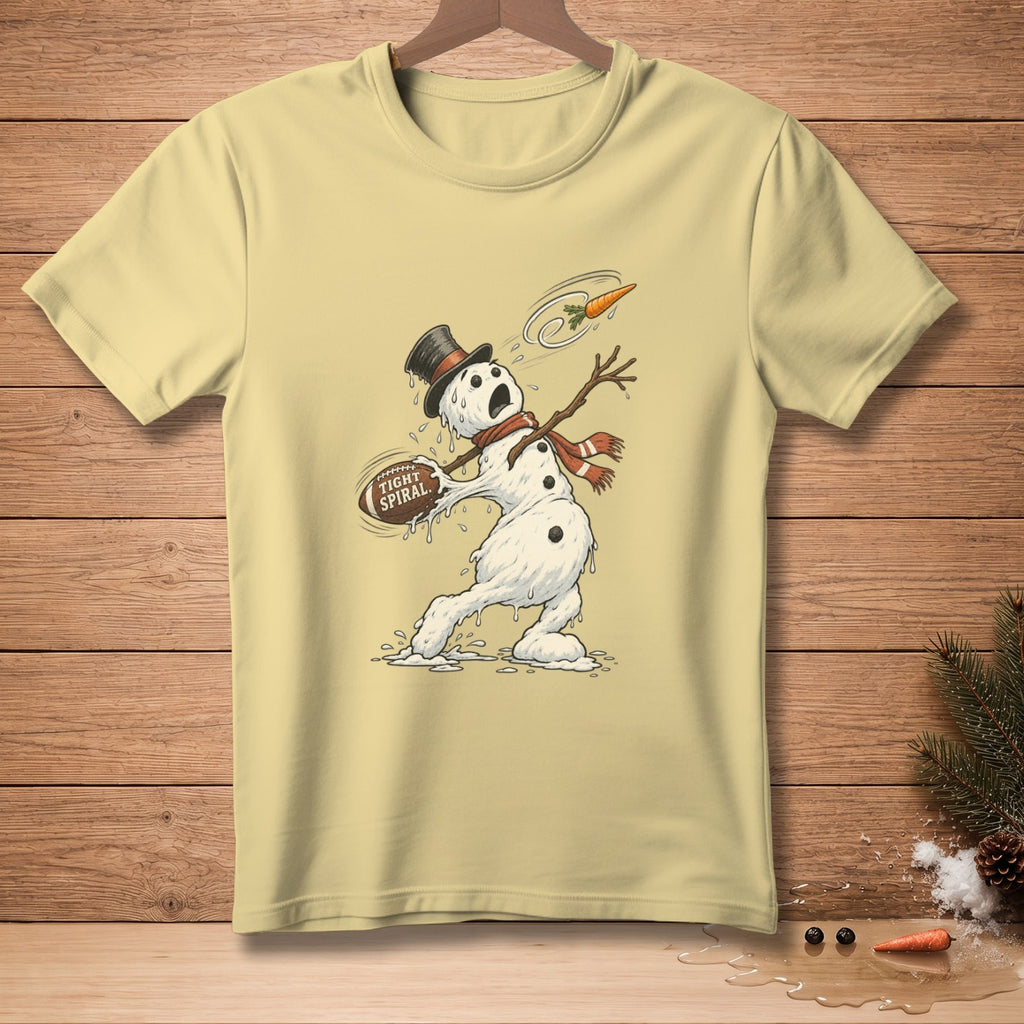 Melting snowman in a top hat throwing a football with text "TIGHT SPIRAL".