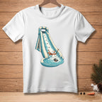 White t-shirt with a cartoon snowman sliding down a water slide.