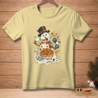 Melting snowman with a top hat eating paella from a bowl.