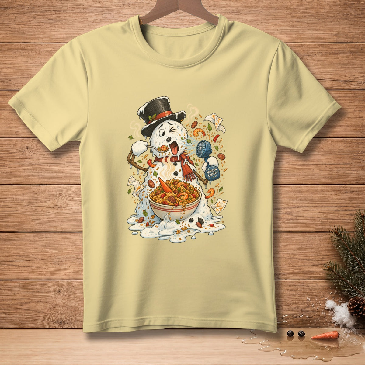 Melting snowman with a top hat eating paella from a bowl.