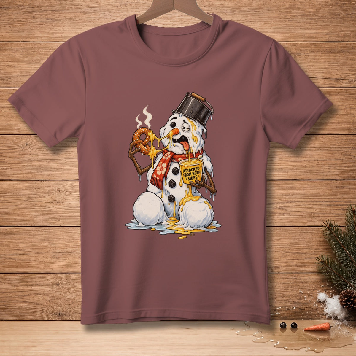 Melting snowman with pretzel and sign that reads "attacked from both sides."