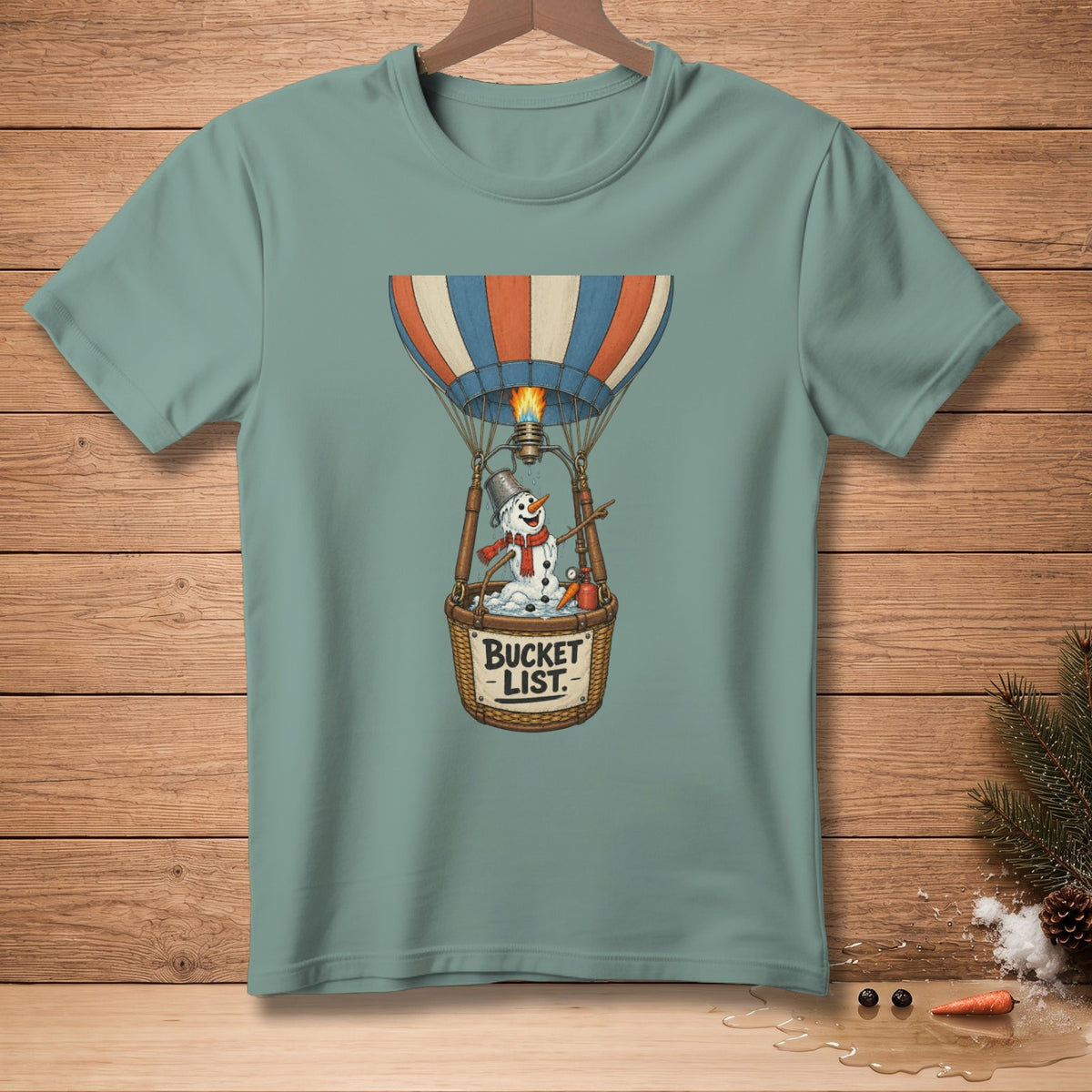 Snowman in hot air balloon basket with "Bucket List" text.