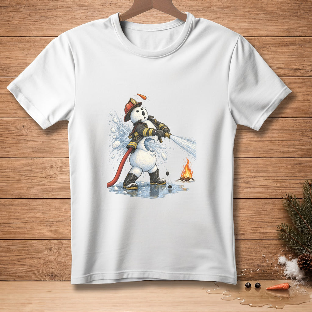 Snowman firefighter sprays water on a small campfire while wearing a red helmet.