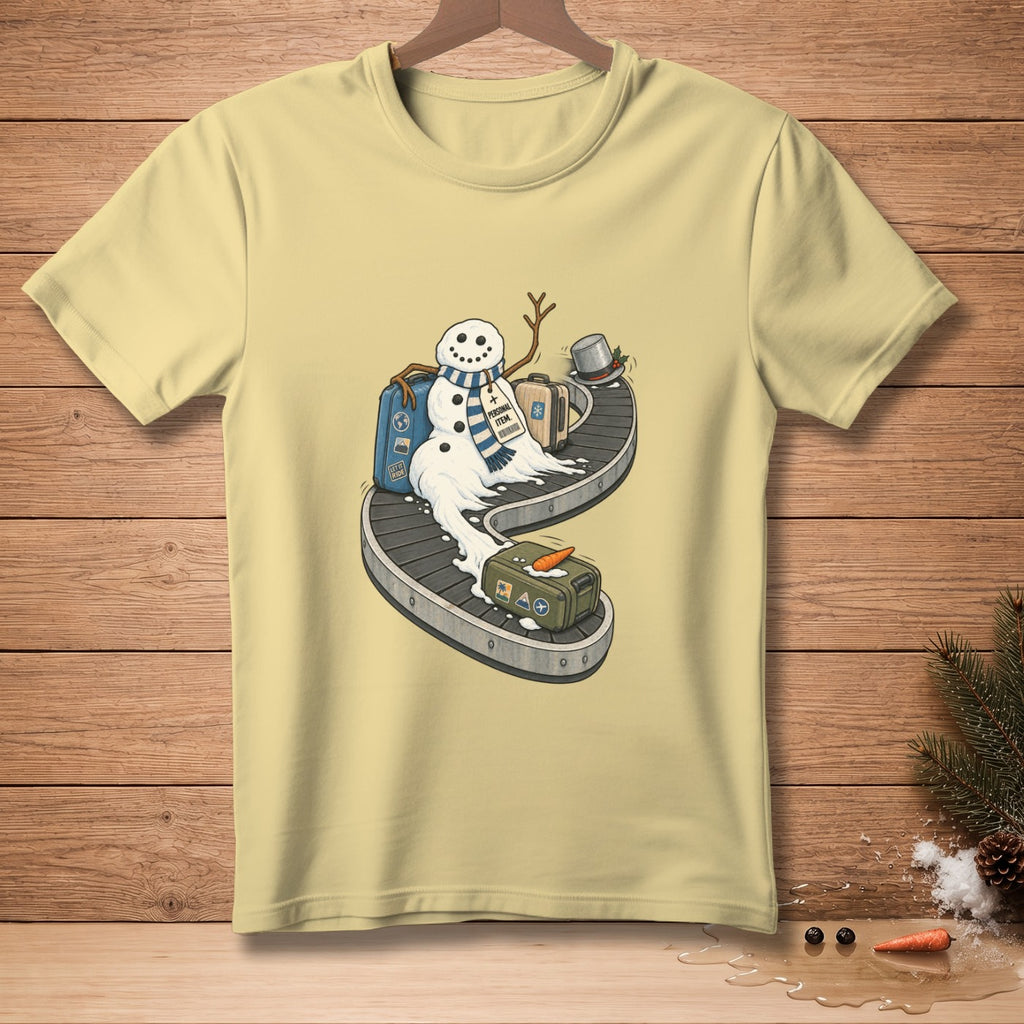 Melting snowman with luggage on a conveyor belt, "Personal Item" tag.