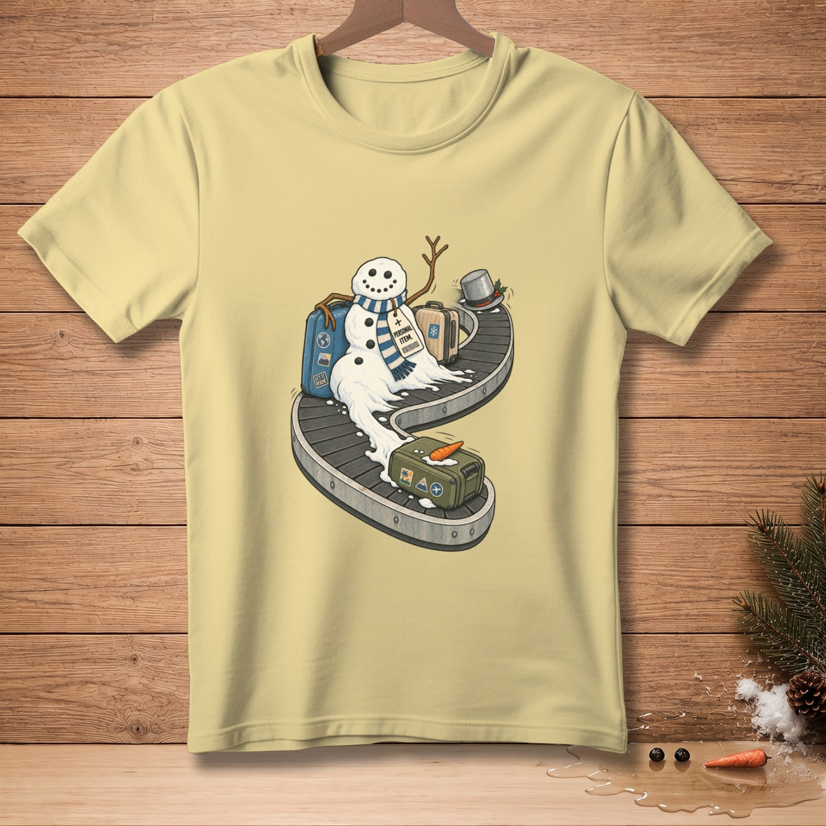 Melting snowman with luggage on a conveyor belt, "Personal Item" tag.