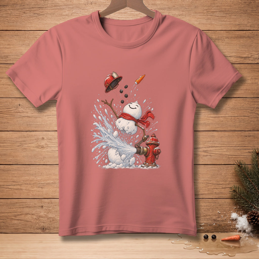 Snowman playing with a fire hydrant, wearing a red scarf and hat.
