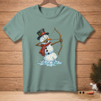 Snowman in a hat and scarf holding a bow and arrow, melting on a blue shirt.