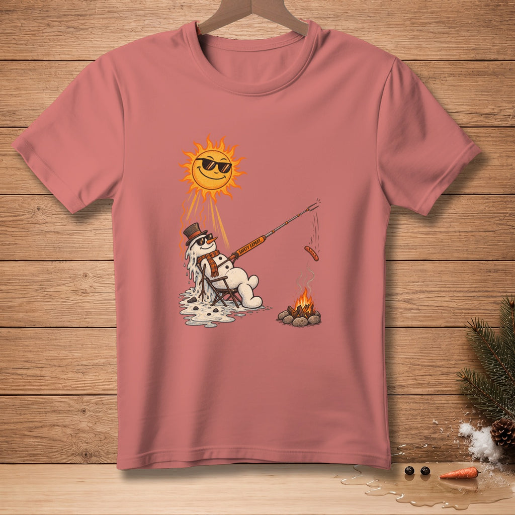 Melting snowman with sunglasses roasts a hot dog over a campfire under a hot sun.