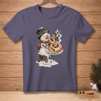 Snowman melting while eating a large cinnamon roll with text "NO REGRETS".