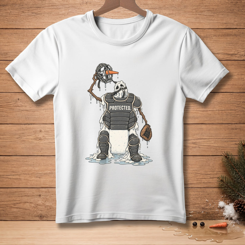 Snowman catcher melting and wearing "PROTECTED." baseball gear.