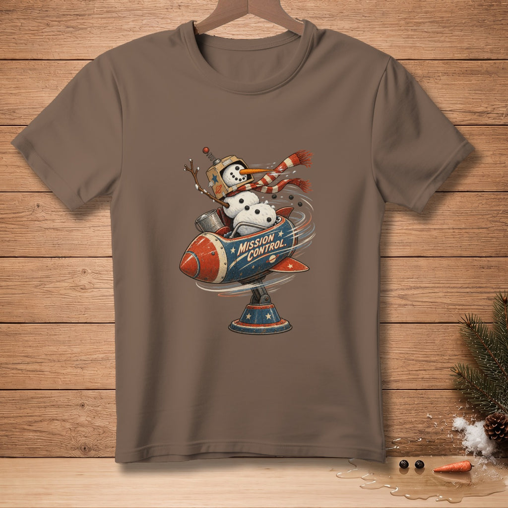Snowman in a rocket with "Mission Control" text, wearing a scarf.
