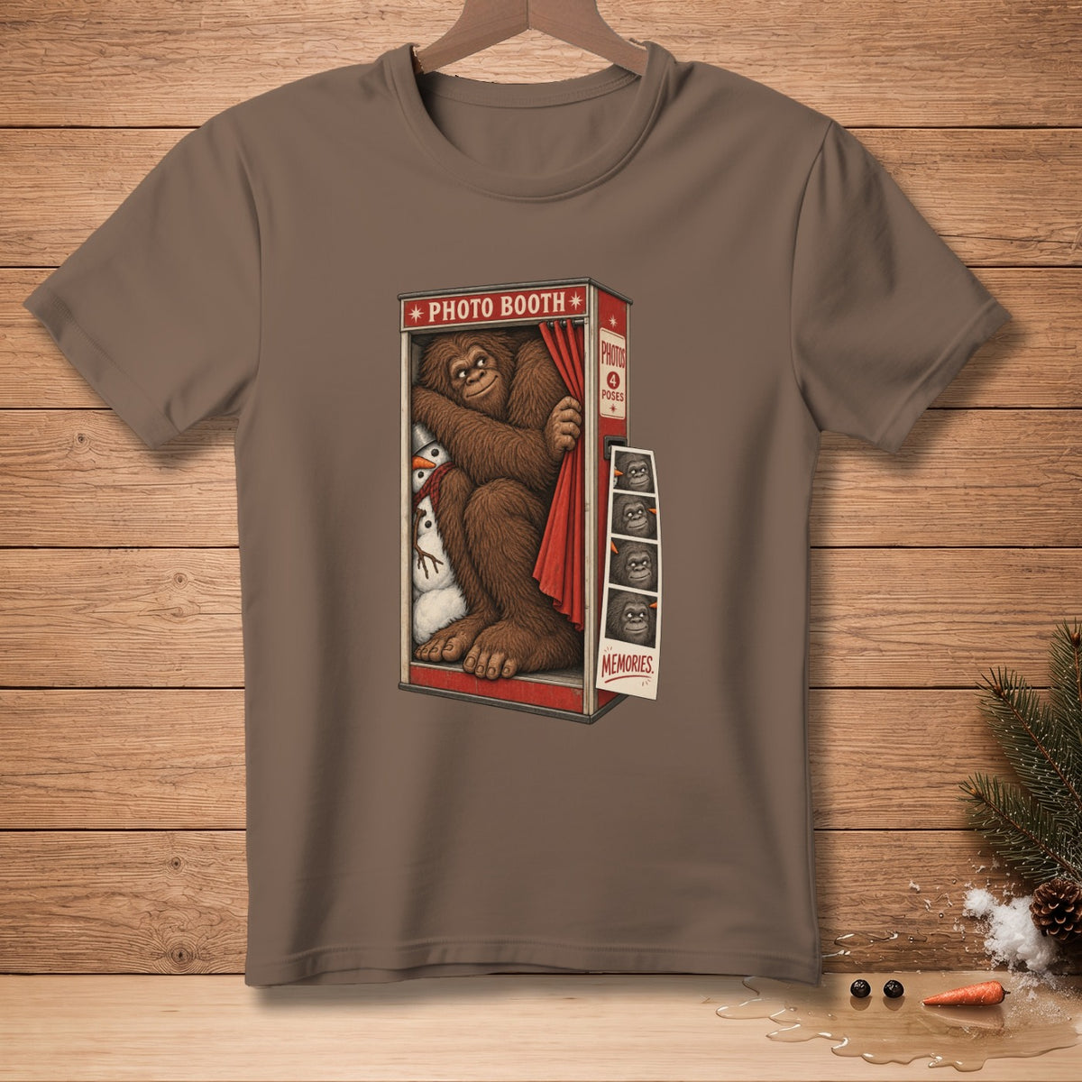 Bigfoot and snowman in a photo booth with strip of photos titled "Memories."
