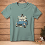 Illustration of a snowman in a hat and flower driving a blue convertible and reading a map.