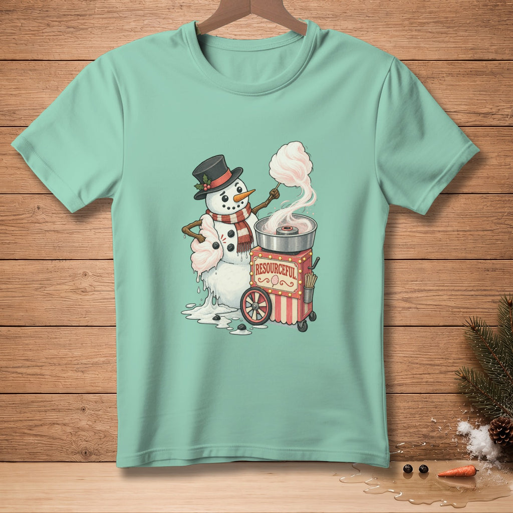 Snowman making cotton candy on a cart with text "RESOURCEFUL".