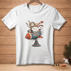 Snowman in rocket with "MISSION CONTROL" text, on white t-shirt.