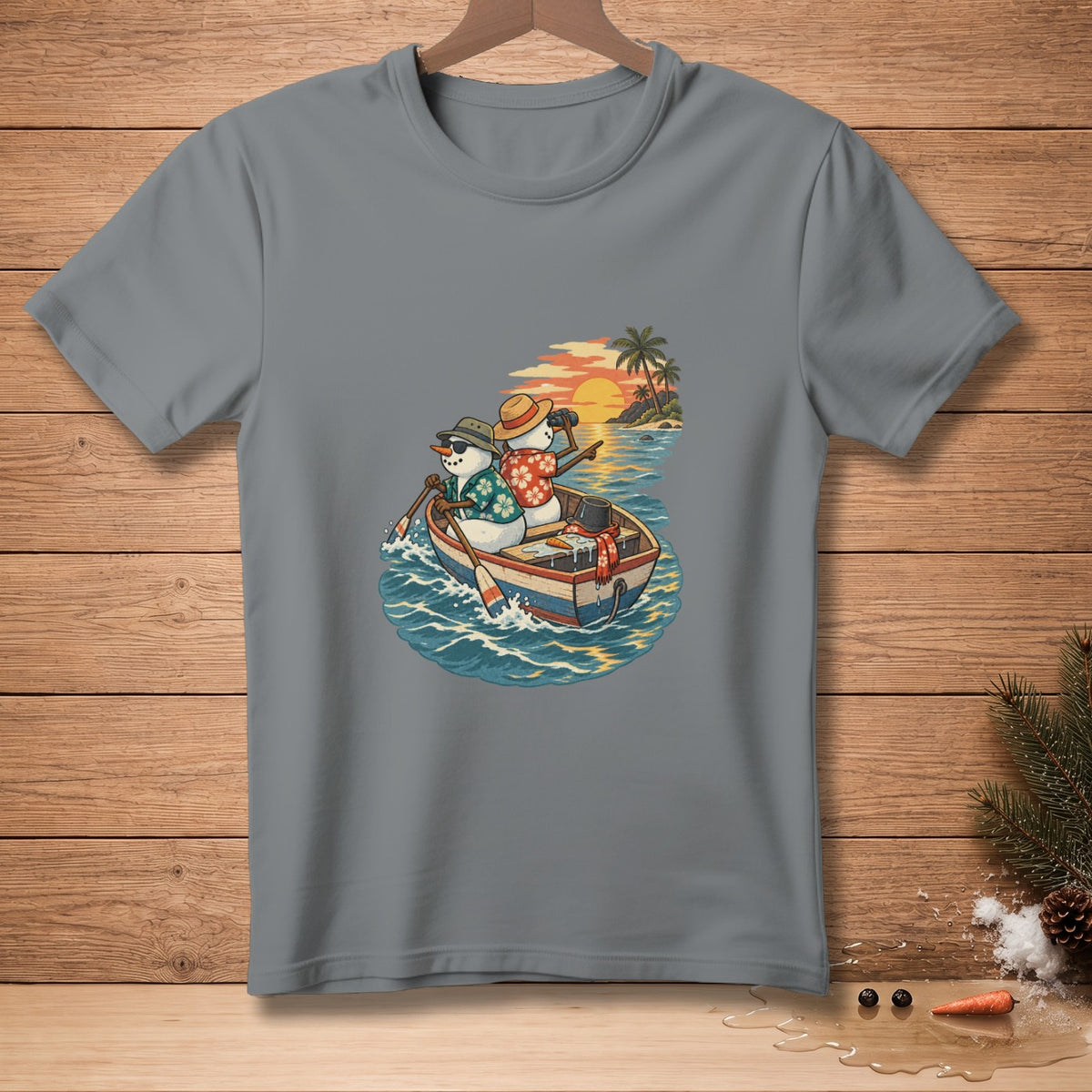 Two snowmen in Hawaiian shirts row a boat on the ocean at sunset.