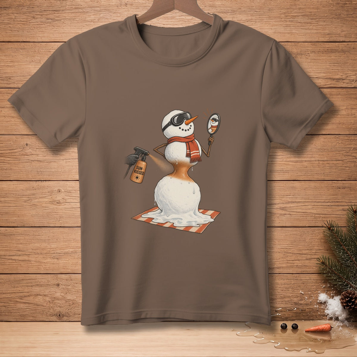 Melting snowman with sunglasses uses spray tan, looks in mirror.