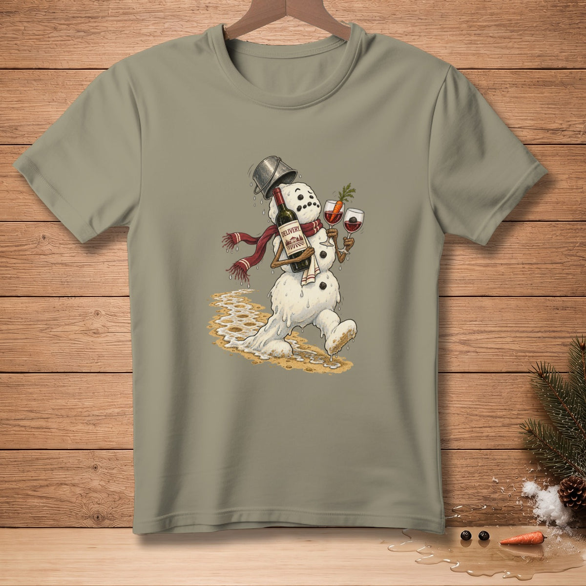 Melting snowman with wine bottle, glasses, and a bucket on a t-shirt.