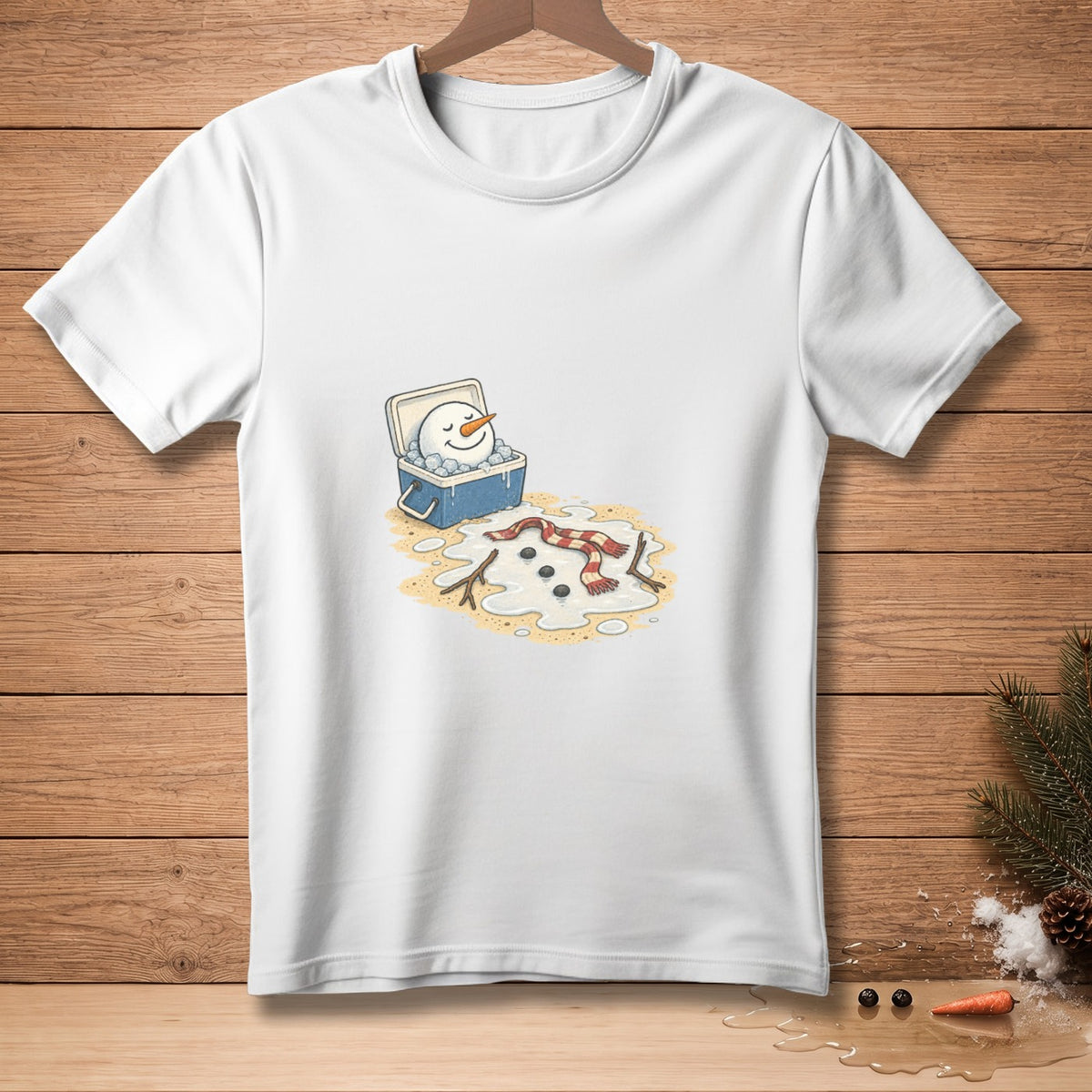 White t-shirt with melting snowman and cooler graphic.