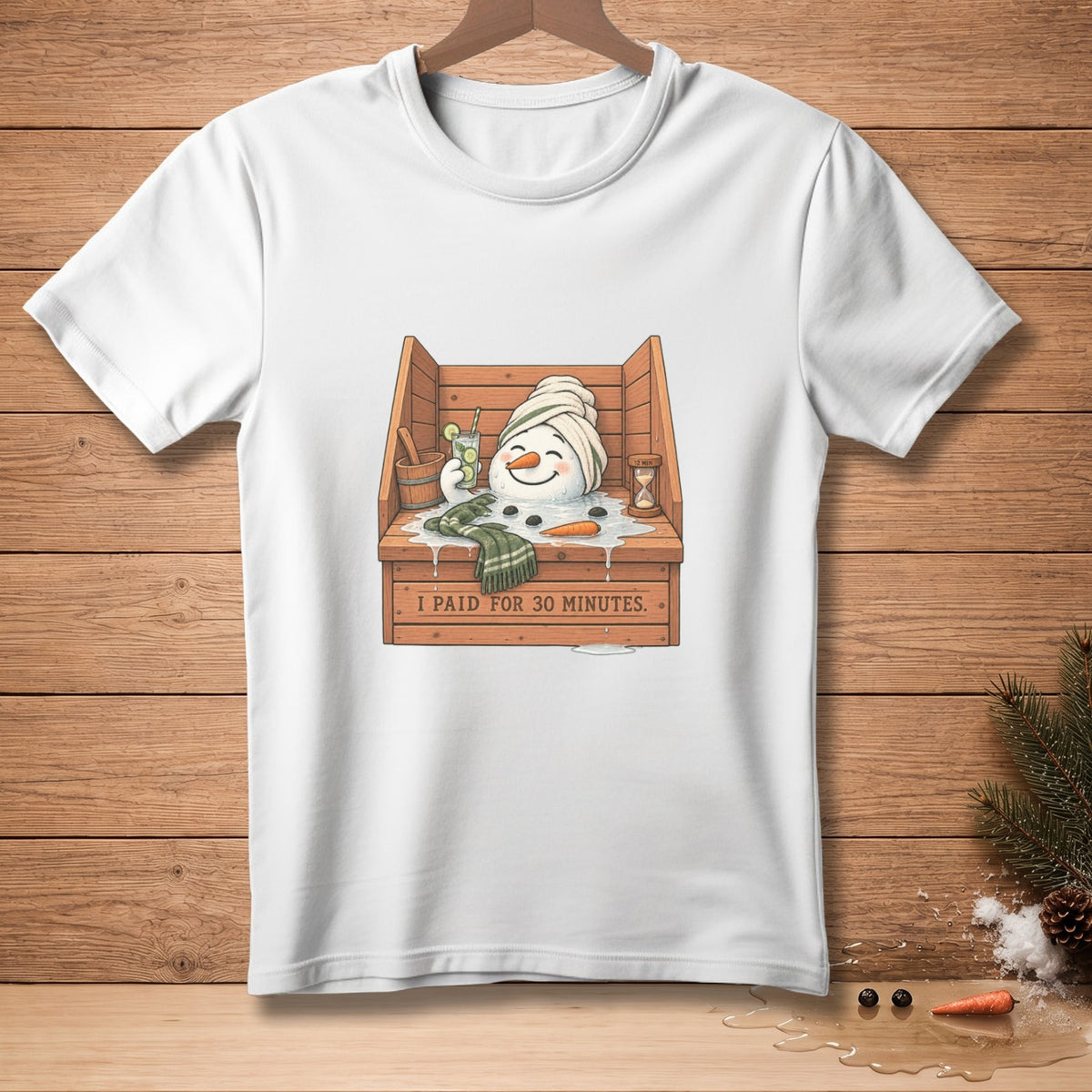 Snowman relaxing in a hot tub, text reads "I PAID FOR 30 MINUTES".