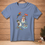 Melting snowmen play croquet with a parrot watching, one sign says "VERY COMPETITIVE."