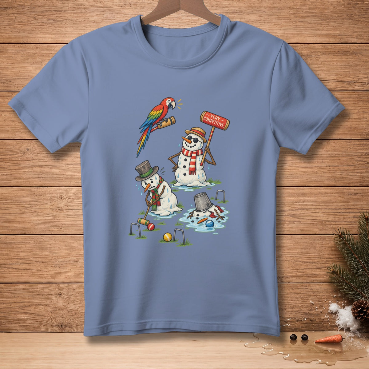 Melting snowmen play croquet with a parrot watching, one sign says "VERY COMPETITIVE."