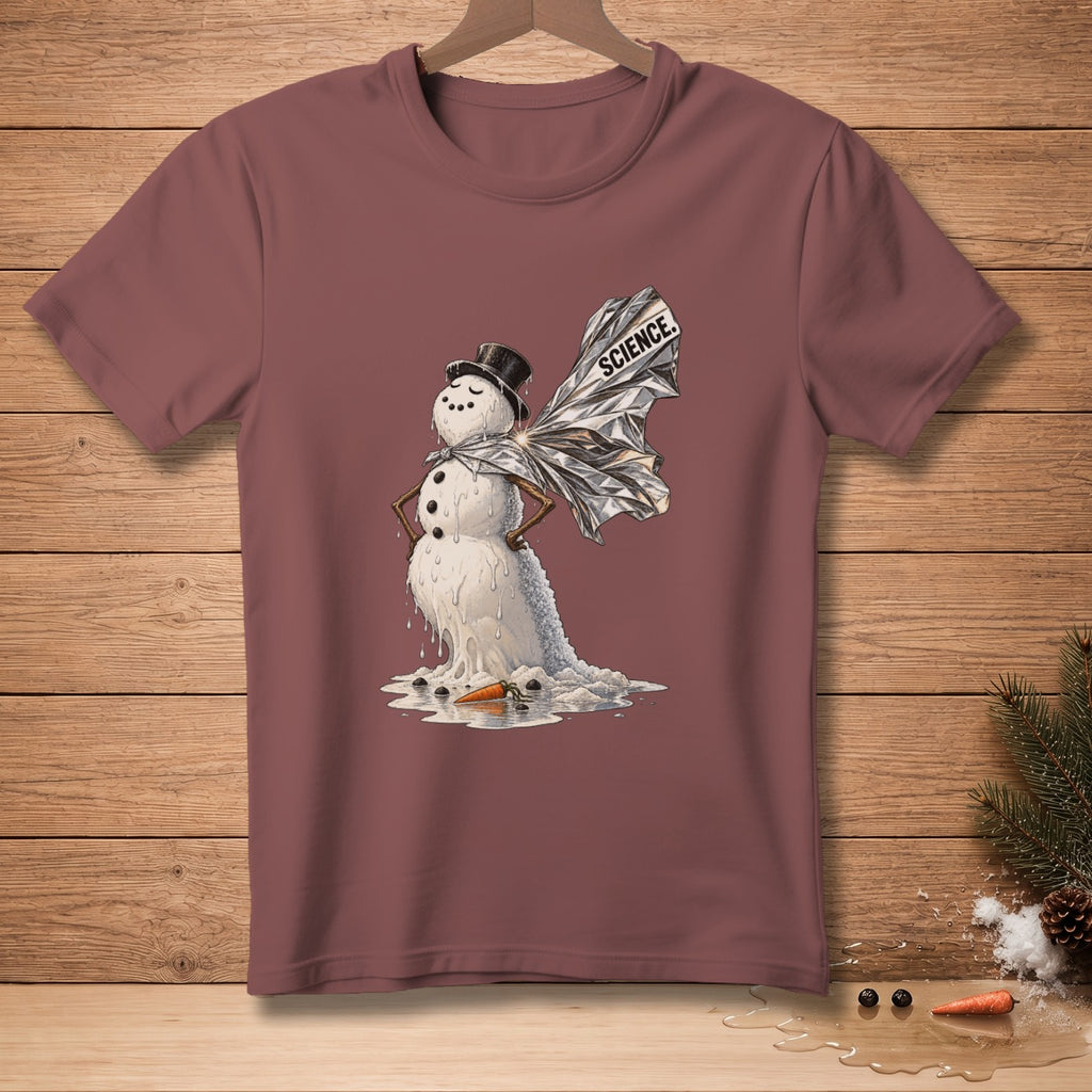 Melting snowman in top hat with foil wings labeled SCIENCE.