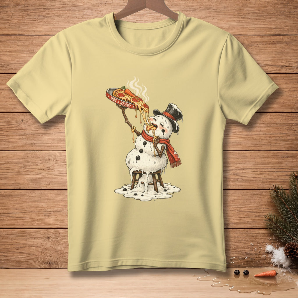 Yellow t-shirt with melting snowman eating hot pizza, text reads "Hot & Ready."