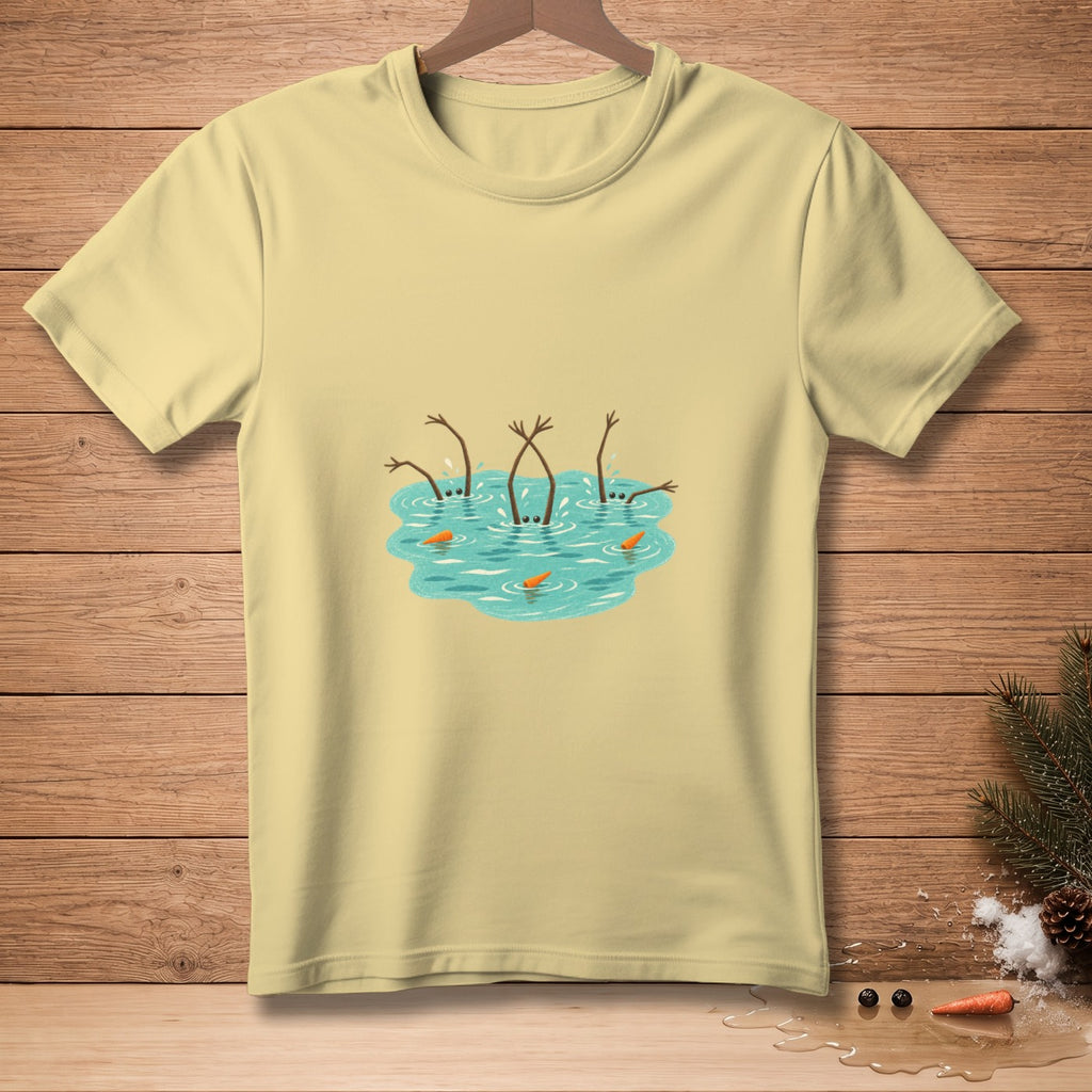 Light yellow t-shirt with cartoon snowmen sinking in water with carrots.