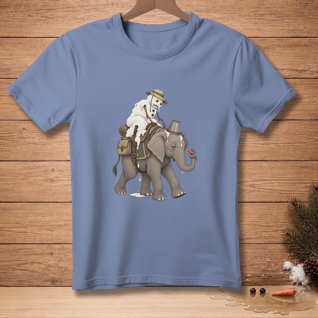 Elephant carrying a melting snowman on its back, wearing a hat.