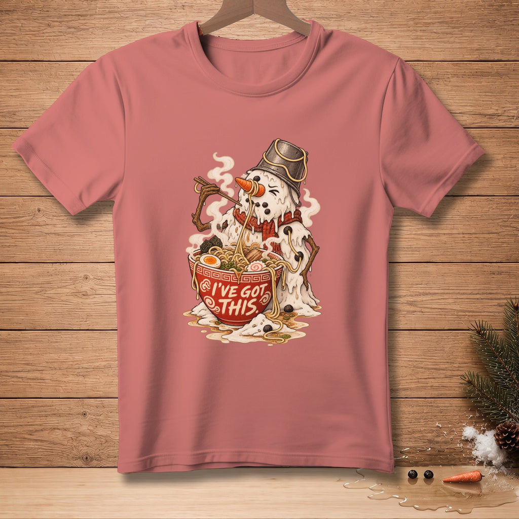 Melting snowman eating ramen with "I've Got This" text on shirt.