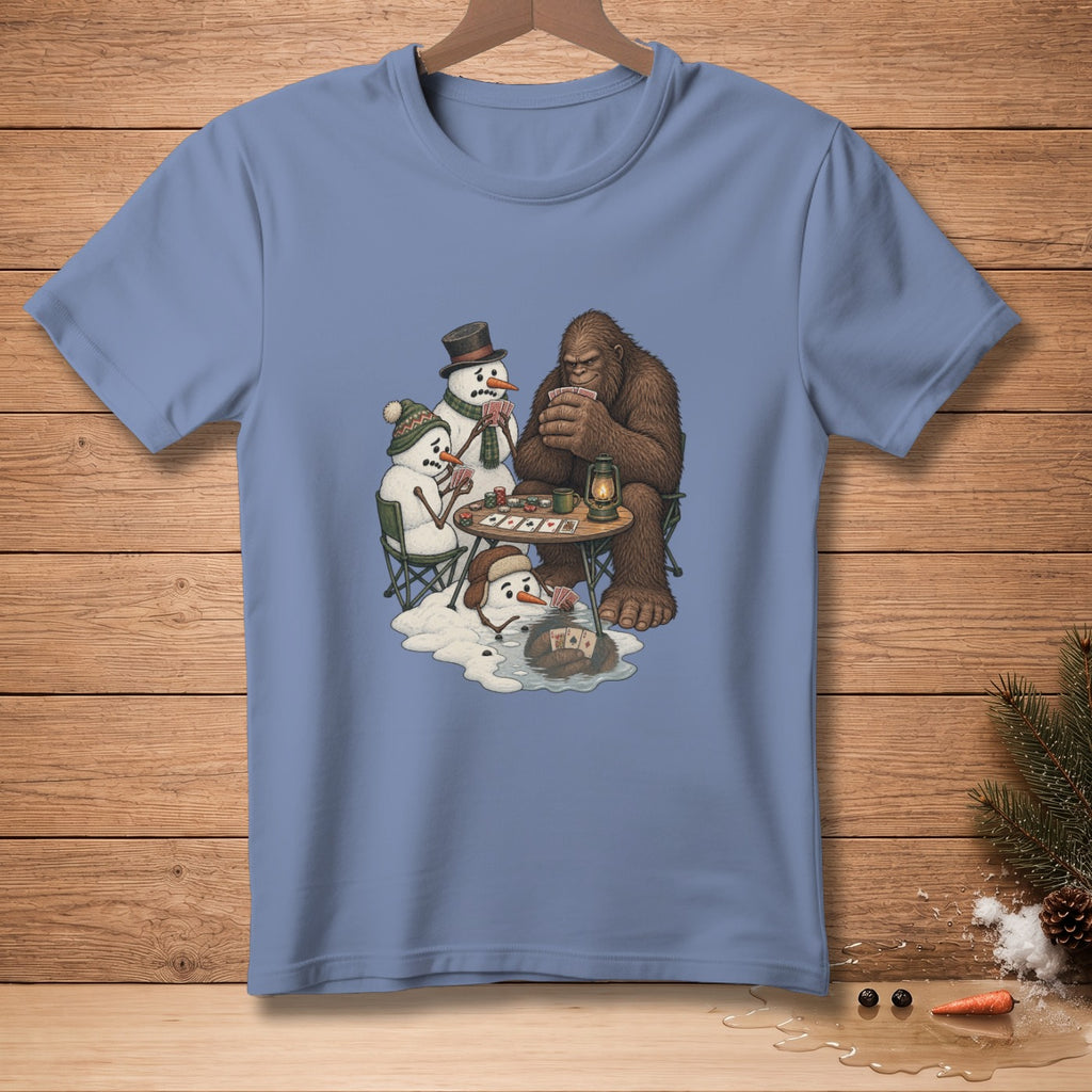 Bigfoot plays poker with snowmen, one melting into a puddle.