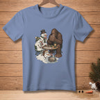 Bigfoot plays poker with snowmen, one melting into a puddle.