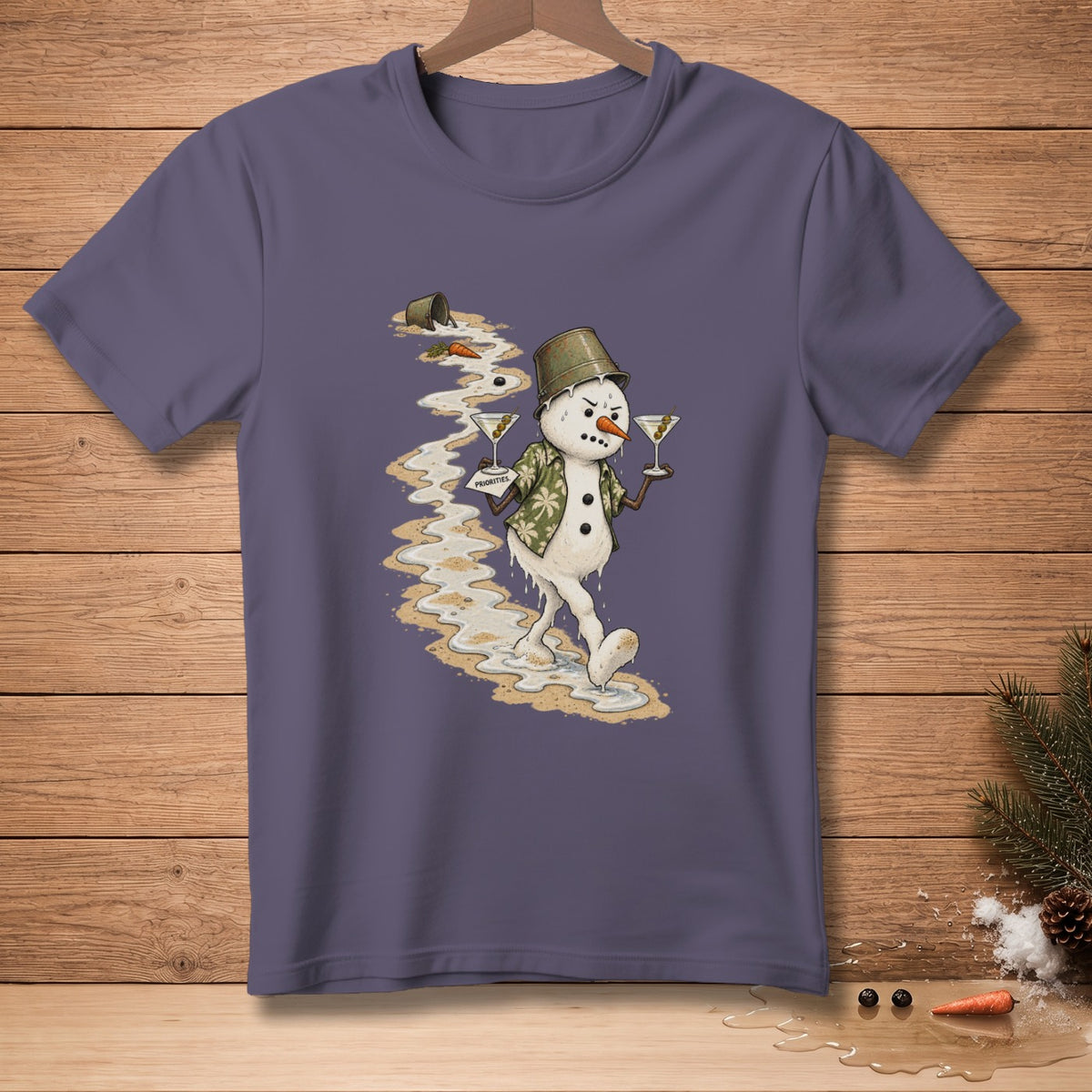 Melting snowman wearing a bucket hat and Hawaiian shirt holds two martinis.